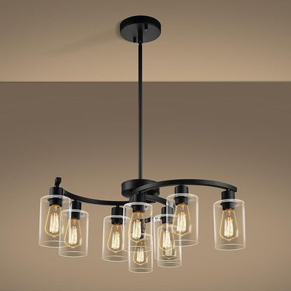 9-Light Black Modern Chandeliers for Dining Room, Adjustable Height Farmhouse Kitchen Island Lighting, Industrial Hanging Light Fixtures for Living Room Bedroom, Clear Glass Shade
