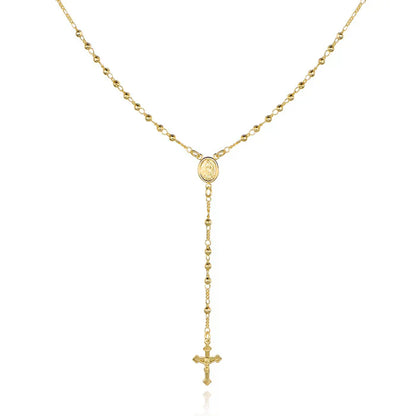 RMZ GOLD NYC Unisex 14K Gold Virgin Mary Rosary Bead Cross Necklace 18''