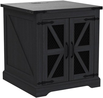 JXQTLINGMU Farmhouse End Table, 24" Large Sofa Side Table with Charging Station, Mesh Barn Door, and Adjustable Storage Shelf, Rustic Wood Square Nightstand for Living Room, Bedroom, Office, Black