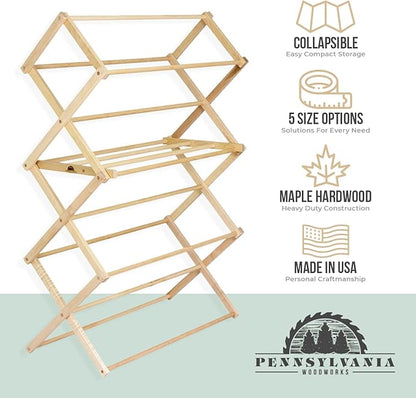 Pennsylvania Woodworks Clothes Drying Rack: Solid Maple Hard Wood Laundry Rack for Blankets, Towels, Bedding & More, Heavy Duty Folding Drying Rack, Made in USA, No Assembly Needed, XXLarge