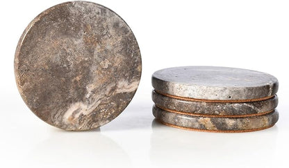 Marble Coasters Set of 4, Natural Gray Stone 4 Inch/10 cm, Modern Round Travertine Drink Coasters for Home Decor, Coffee Table, Office
