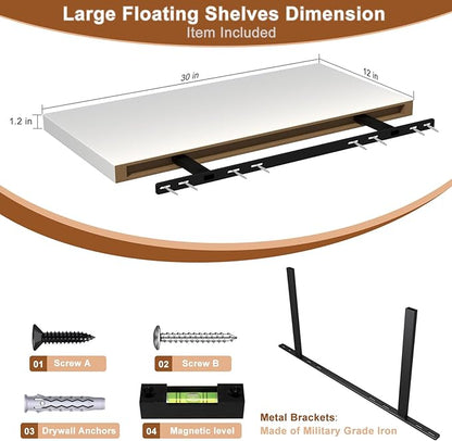 12 Inch Deep Floating Shelves for Wall 2 Pack White Floating Shelves Large Storage Space Wall Mount Shelf for Living Room Kitchen Bathroom 30" W x 12" D x 1.2" White