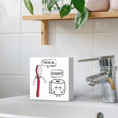Funny Bathroom Decor, Funny Bathroom Wall Art, Black and White Bathrooms Decoration Decor for Shelves, Wooden Box Decor Sign for Home Farmhouse Office Living Room Table