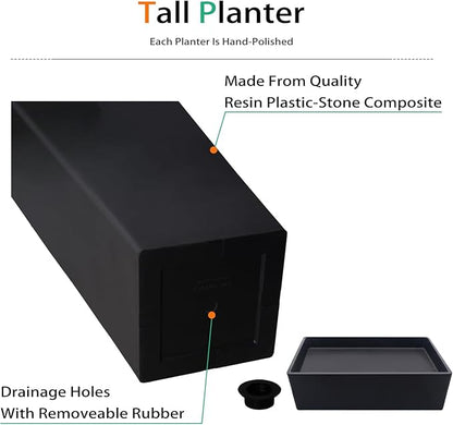 Tall Planters for Outdoor Plants, Large Resin Flower Pots with Saucers for Garden, Front Porch, Patio, Indoor - Set of 2 (Black, 30 inch - 2 Pack)