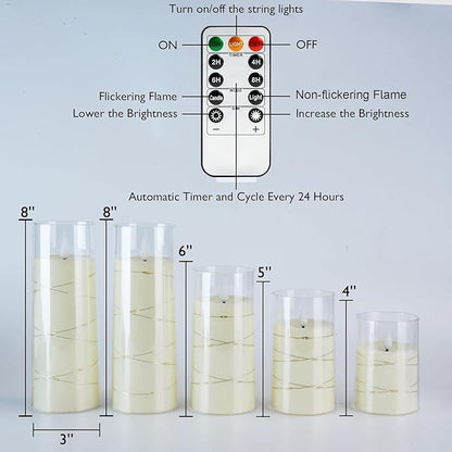 Homemory Flameless Candles with Embedded Star String Fairy Lights, Battery Operated Candles, LED Candle, Fake Candles with Remote Control and Timer, Ivory, Set of 5(H4 5" 6" 8" 8")