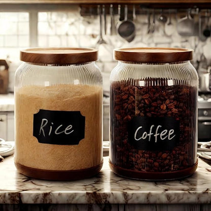 SAIOOL 2-Pack Striped Borosilicate Glass Airtight Canisters - Big mouth Large Capacity, Acacia Wood Lid, Food Storage Jars for Flour, Pasta, Pantry Organization (3/4 Gallon （2 Striped pack）)