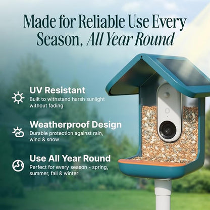 Birdbuddy PRO Solar Smart Bird Feeder with Camera - AI Bird Species Identification, 5MP Photos, 2K HD Video Live Stream Camera, Slow-Motion Video, 2.6in Focus - Blue Solar