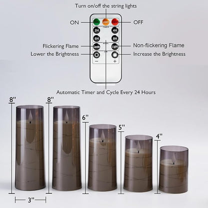 Homemory Flameless Candles with Embedded Star String Fairy Lights, Battery Operated Candles, LED Candle, Fake Candles with Remote Control and Timer for Halloween, Gray Acrylic, Set of 5(H4"5"6"8"8")