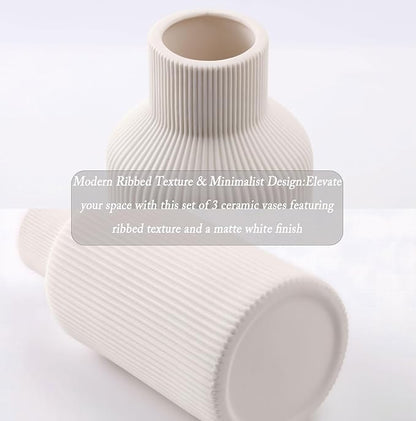 Ceramic Vase Set of 3, Decorative Vases Home Decor Modern Minimalist Pottery Vases for Bouquet Pampas Grass Dried Fresh Flowers, Bookshelf, Living Room, Shelf, Bedroom, Entryway Mantel Decor-White