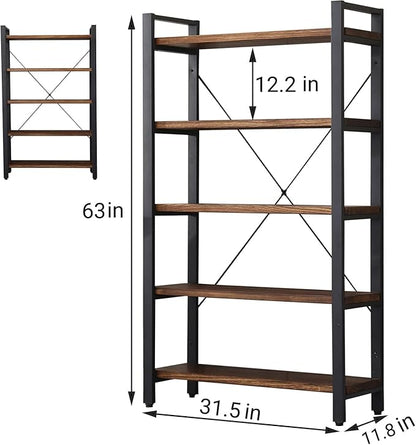 5 Tier Bookcase, Solid Wood Bookshelf Rustic Vintage Industrial Etagere Bookcase, Metal and Wood Free Vintage Bookshelf, Retro Brown (Real Wood) (5-Tiers)
