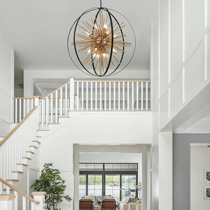 31.5" Black Gold 16-Light Globe Sputnik Chandelier Modern Industrial Adjustable Hanging Ceiling Firework Pendant Light Fixture for Entryway Foyer Stairway Bedroom Dining Living Room Hallway