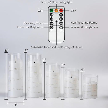 Homemory Pure White Flameless Candles with Embedded Star String Fairy Lights, Battery Operated Candle, LED Candles, Fake Candles with Remote Control and Timer, Set of 5(H4 5" 6" 8" 8")
