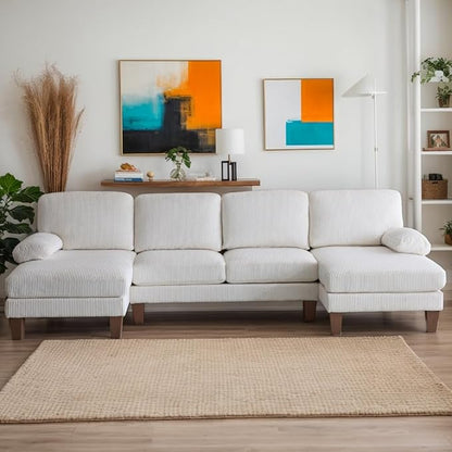 Karl home U-Shape Sectional Sofa Couch 111" Modern 4-Seat Sofa with Chaises Corduroy Fabric Upholstered Covertible Couch with Wood Grain Legs for Living Room, Reception Room, Apartment, Beige
