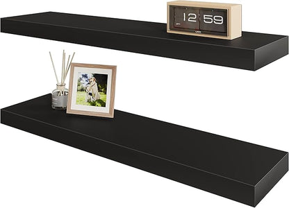 BAMEOS Floating Shelf,Wall Shelf,Decor Wall Mounted Shelves,Hanging Shelf Set L24xW6 for Bathroom Kitchen Living,Kitchen,Room Bedroom Storage,Black