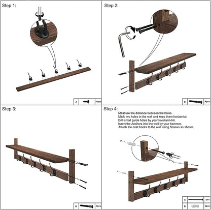 AMBIRD 28.9 Inch Length Shelf with Hooks Entryway Coat Rack Wall Mount Wood Coat Hooks with Shelf Wall-Mounted Coat Hook Rack with 5 Dual Hooks for Bathroom, Living Room, Bedroom (Brown)