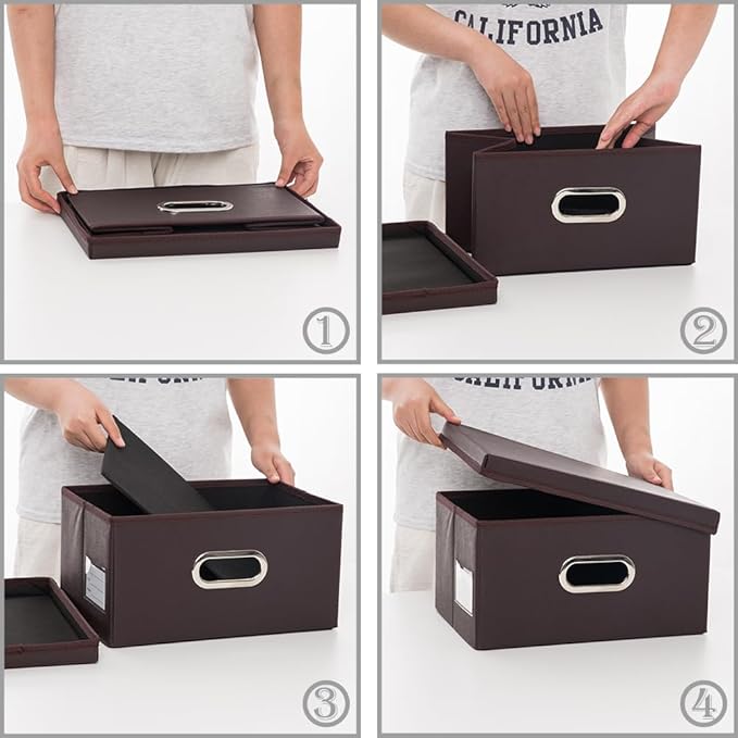 PRANDOM Collapsible Storage Box with Lid [3-Pack] Leather Fabric Foldable Storage Bin Organizer Container Basket Cube with Cover for Home Bedroom Closet Office Nursery Brown(13.6x9.6x6.9)