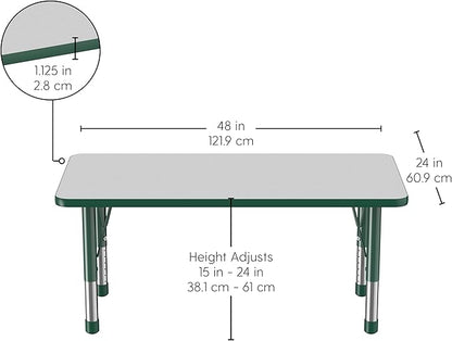 FDP Rectangle Activity School and Kids Classroom Table (24 x 48 inch), Toddler Legs, Adjustable Height 15-24 inches - Gray Top and Green Edge