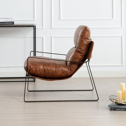 DUOMAY Mid-Century Accent Chair Armchair, Comfy PU Leather Leisure Chair Lazy Chair with Brozen Metal Leg for Living Room Bedroom Office Apartment, Brown