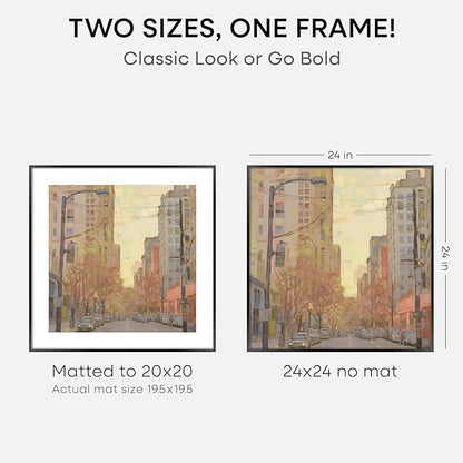 Homeforia 24x24 Picture Frame Black, High End Metal 24 x 24 Large Square Poster Frame Matted to 20 x 20 in Photo, 24by24 Thin Black Frames with Mat 20x20 inch Print, Tempered Glass, Wall Kit, Set of 1