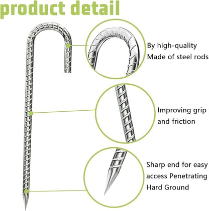 Ground-Stakes-Heavy-Duty-12 inch, J-Hook Rebar Stakes Galvanized Anti-Rust 6pcs Garden Stakes Metal Ground Anchors for Garden Dog Fence Chicken Coop Christmas Decorations Deer Fence
