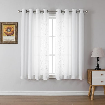 MIUCO Light Filtering Faux Linen Curtains - 63 Inch Length for Bedroom & Living Room, Pure White Floral Embroidered Solid Mix and Match, Semi Sheer Grommet Farmhouse Drapes, 2 Panels Set