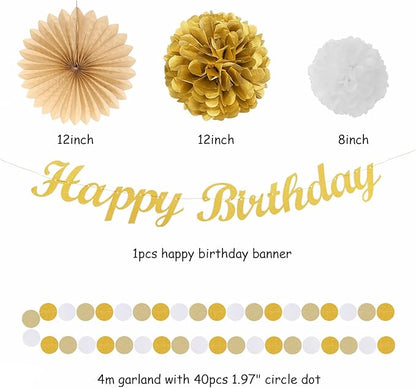 White-Gold Champagne Birthday Party-Decorations Paper-Flowers - 14pcs Happy Banner Engagement Honeycomb Tissue Pom Poms,Women Streamers Garland Beige Fans,21st 18th Girl Hanging Supplies Decor Hugfond
