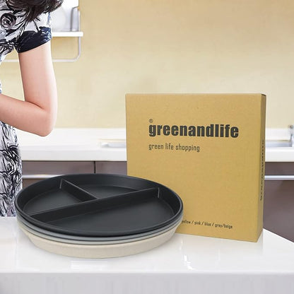 greenandlife 9 Inch (4PCS) Unbreakable Divided Plates for Kids Adults, Dishwasher & Microwave Safe Compartment Plate, Lightweight Reusable Plastic Portion Control Plates, BPA Free and Healthy