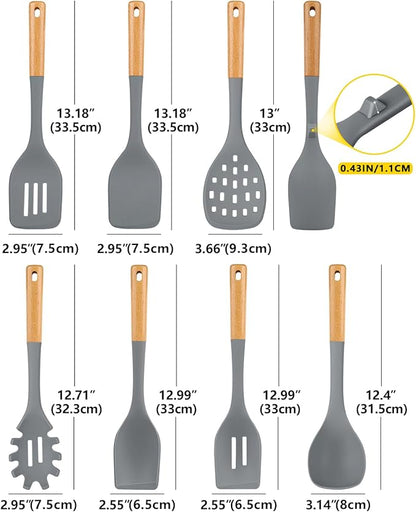 Silicone Kitchen Utensil Set for Non Stick Cookware, 7 Pcs Heat Resistant Cooking Utensils with Wooden Handle, BPA Free Kitchen Tools with Spatulas, Spoons, Skimmer and Pasta Fork (GRAY)