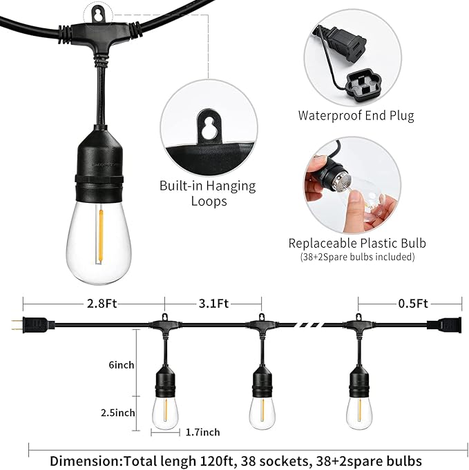 120 FT Outdoor String Lights LED Waterproof with 40 Shatterproof Plastic Warm Edison Bulbs String Bistro Lights for Patio Gazebo Pergola Market