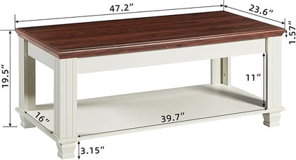 Farmhouse Coffee Tables for Living Room,Square Tea Table with Open Storage Shelf,Large Coffee Table,Rustic Wooden Center Table,White
