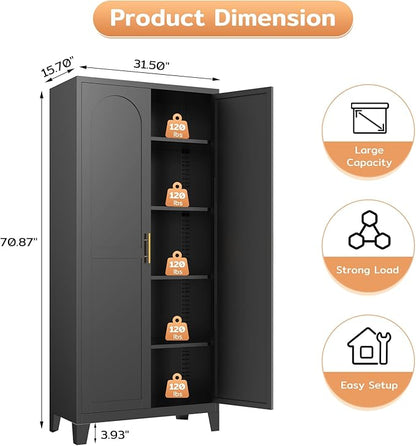 70.87" H Metal Kitchen Pantry Cabinet, Freestanding Cupboard with 2 Doors and 4 Adjustable Shelves, Tall Metal Storage Cabinet for Kitchen, Bathroom, Dinning Room or Laundry Room （Black）