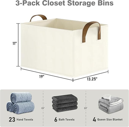 Closet Storage Bins, Fabric Closet Organizers and Storage Basket for Shelves, Collapsible Shelf Baskets for Organizing Shelves, Bedroom Clothes Basket, Beige, 3 Pack