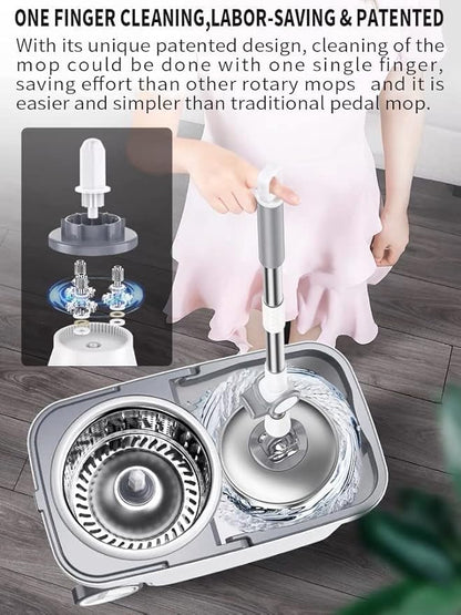 Spin Mop Bucket Deluxe 360 Spinning Floor Cleaning System with 6 Microfiber Replacement Head Refills,62" Extended Handle,4X Wheel for Home Cleaning