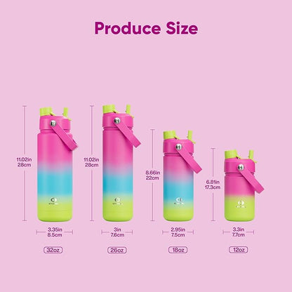 Kids Insualated Water Bottle with Straw - 12oz Stainless Steel Water Bottle with Dual Spouts, Leak-Proof, BPA-Free, Double Wall Vacuum Keeps Cold for 24 Hours for Sports, Travel, School (Lime Sorbet)