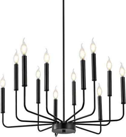 Modern Black Farmhouse Chandeliers, 12-Light Industrial Metal Chandelier Lighting, Classic Candle Hanging Pendant Light Fixtures for Living Room, Dining Room, Kitchen, Bedroom, Entryway