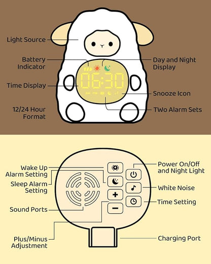 Sheep Alarm Clock for Kids with Night Light, Sleep Training Clock Time to Wake Clock, Rechargeable Silicone Light for Bedroom, Perfect Sleep Companion for Boys Girls