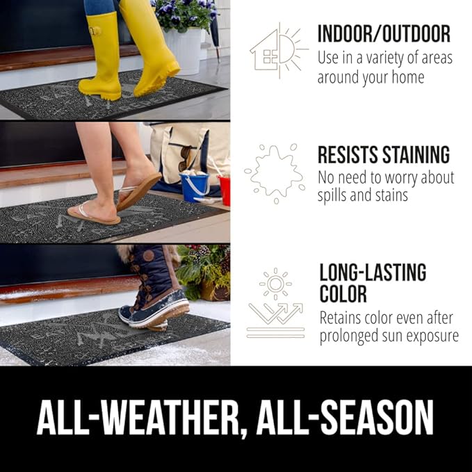 GORILLA GRIP 100% Waterproof All-Season WeatherMax Doormat, US Designed Natural Rubber, Stain and Fade Resistant, Low Profile Indoor Outdoor Door Mats, Easy Clean Patio Mat, 17x29, Graphite Skiing