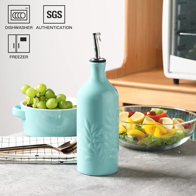 Sweejar Ceramic Olive Oil Dispenser Bottle, 20 Oz Relief Design EVOO Oil and Vinegar Dispensing Bottle with Spout for Kitchen, Set of 1 (Turquoise)