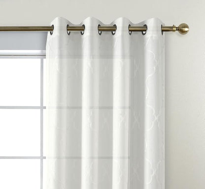 MIUCO Moroccan Embroidery Semi Sheer Curtains Faux Linen Grommet Curtains for Bedroom 52 x 63 Inch 2 Panels, Off White