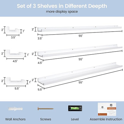 Picture Ledge Shelf for Wall, 56 inches Solid Pine Wood Nursery Book Shelves 3 Packs, Floating Ledge Shelves for Kids' Room Bedroom Bathroom Long Floating Shelves for Wall Nursey Wall Decor, White