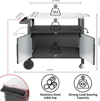 Dining Cart Table with Big Storage Cabinet, Movable Outdoor BBQ Grill Table Pizza Oven Stand, Kitchen Cart Island Multifunctional Food Prep for Inside and Outside