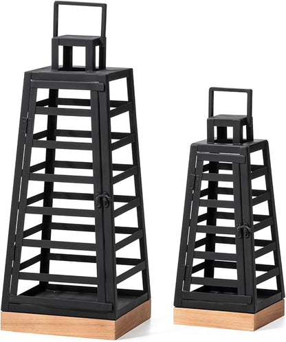 Glitzhome Set of 2 Modern Trapezoid Metal/Wood Decorative Lanterns,Large Candle Lanterns for Living Room,Home,Indoor, Outdoor,Table,Fireplace Mantle Decor -Black(No Glass)