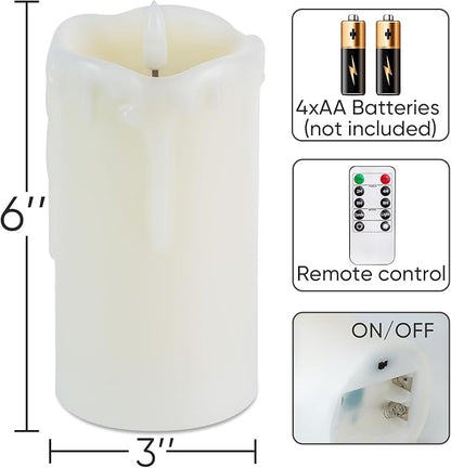 Homemory Dripping Wax Flameless Candles, Battery Operated Candles with Remote Control and Timers, LED Pillar Candles, Electric Fake Candles, 3" x 6", Set of 2