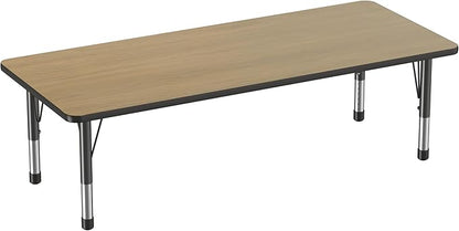 Factory Direct Partners FDP Rectangle (30 x 72 inch) Classroom Table with Adjustable Chunky Toddler Legs (15-24 in); Preschool, Kinder and Daycare Furniture - Pasadena Oak Top/Black Edge and Legs