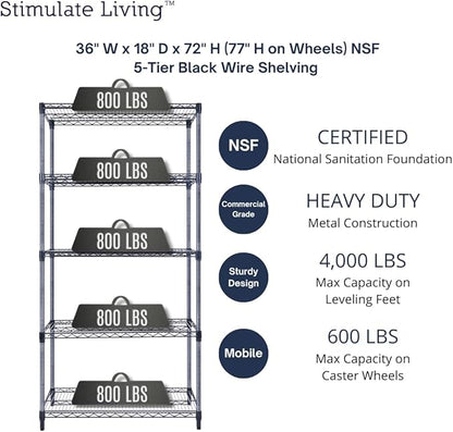 36"x18"x72" Prime Heavy Duty Black 5-Tier Wire Shelving NSF 4000 LBS MAX Capacity Storage Rack for Commercial, Hospital, School, Garage, and Kitchen Uses (with Wheels)