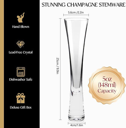 Champagne Flutes Set of 2, Hand Blown Crystal Champagne Glasses, Modern Unique Design, Lead-Free Prosecco Flutes, Elegant Toasting Glasses Gift for Wedding, Anniversary, Birthday, Christmas