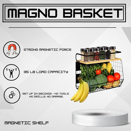 Magnetic Shelf For Fridge with Wood Lid - Fridge Magnet Organizer with 4 Hooks, Magnetic Basket for Fridge, Magnetic Storage for Refrigerator, Magnetic Spice Rack for Refrigerator