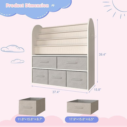 NACHES Kids Bookshelf and Toy Storage Bins, Children Bookcase Toddler Book Display Cabinet with 5 Toy Organizer Boxes for Playroom,Reading Room,Toddler Room,Nursery,Classroom