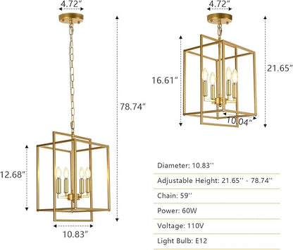 Farmhouse Gold Chandelier, 4-Light Vintage Chandeliers for Dining Room, Adjustable Modern Rustic Metal Hanging Pendant Light Fixture for Entryway Foyer Kitchen Island Hallway