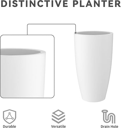 Kante 23.6" H Pure White Finish Concrete Tall Planters Large Outdoor Indoor Decorative Plant Pots with Drainage Hole and Rubber Plug, Modern Tapered Style for Home and Garden